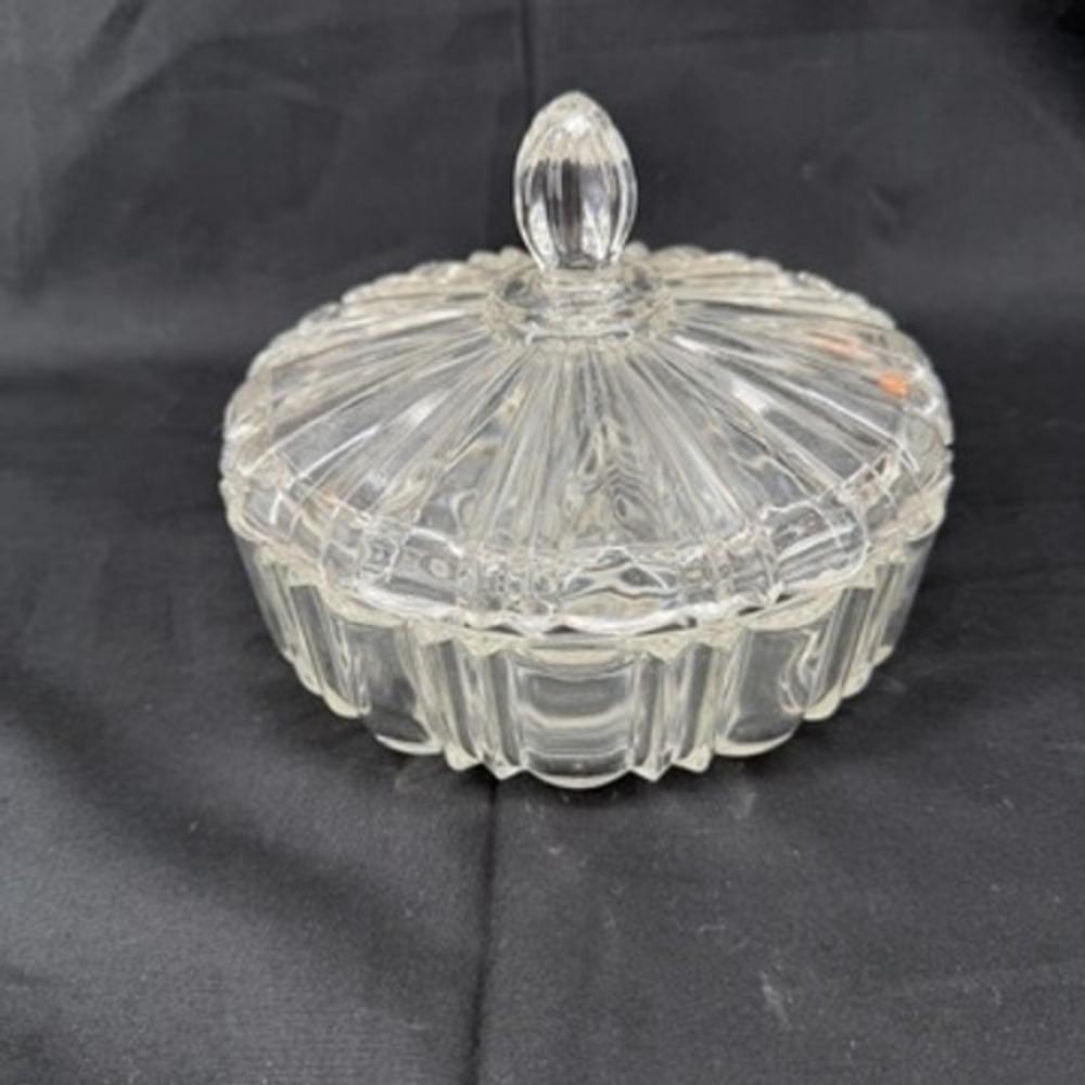 Vintage Clear Pressed Glass Lidded Candy Dish Sunburst Ribbed 7 Inch Round